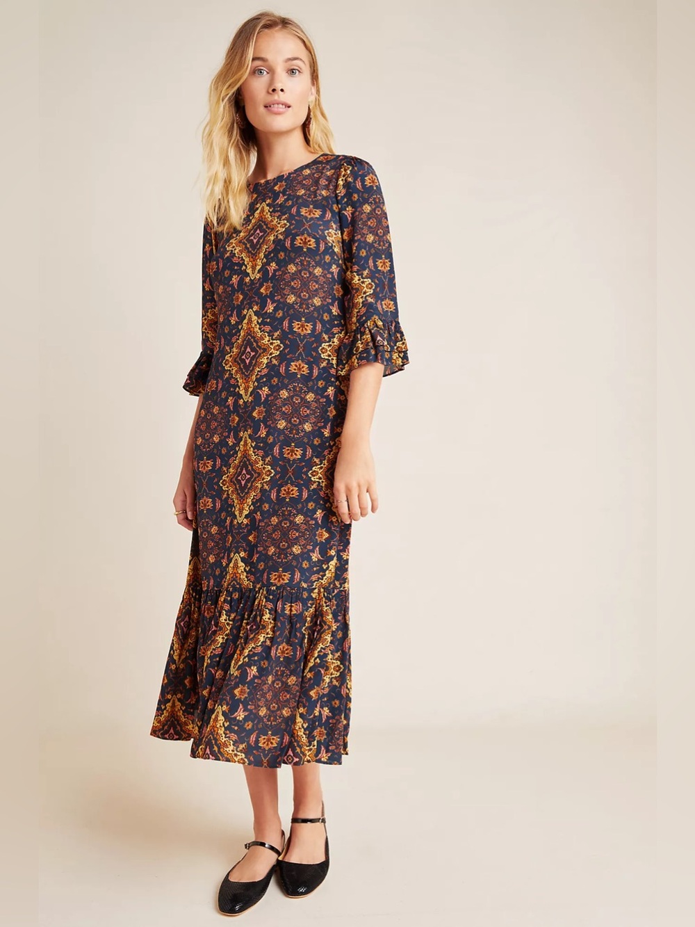 Anthropologie/Kachel Maxi Dress 6 Ruffled Silk Blend Flounce Floral Print Blue
